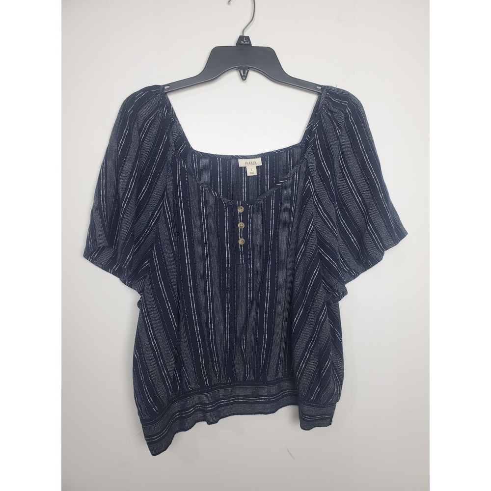 a.n.a Women's Navy Blue &‎ White Striped Blouse, Size L, Linen/Rayon, Crew Neck,